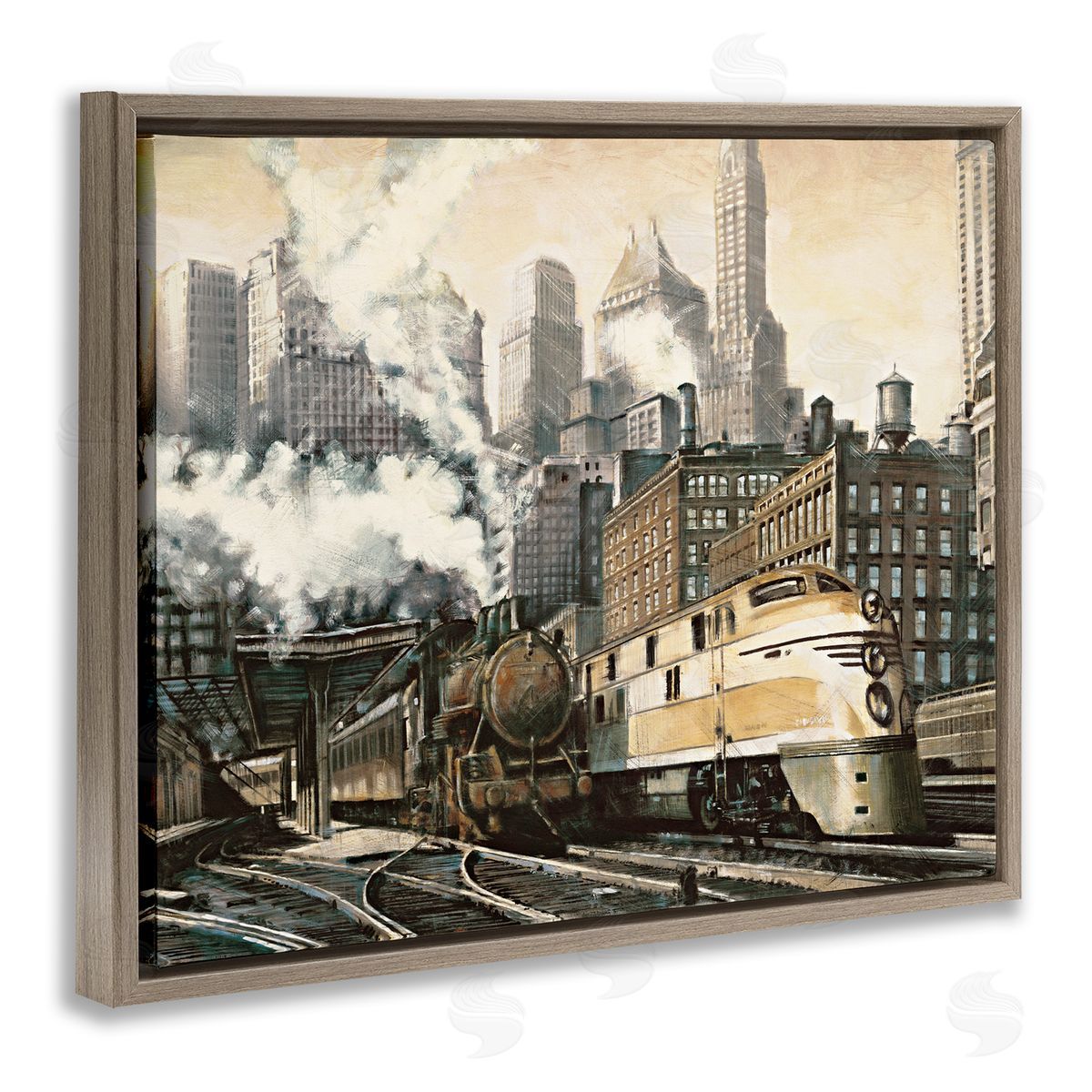 Urban Steam Train Brown Floating Frame Canvas Wall Art, Home Decor by Matthew Daniels