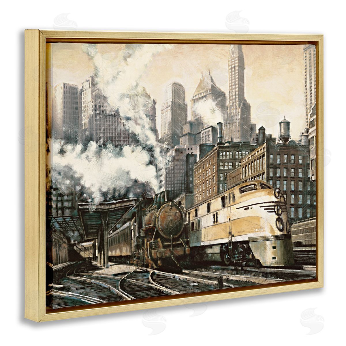 Urban Steam Train Gold Floating Frame Canvas Wall Art, Home Decor by Matthew Daniels