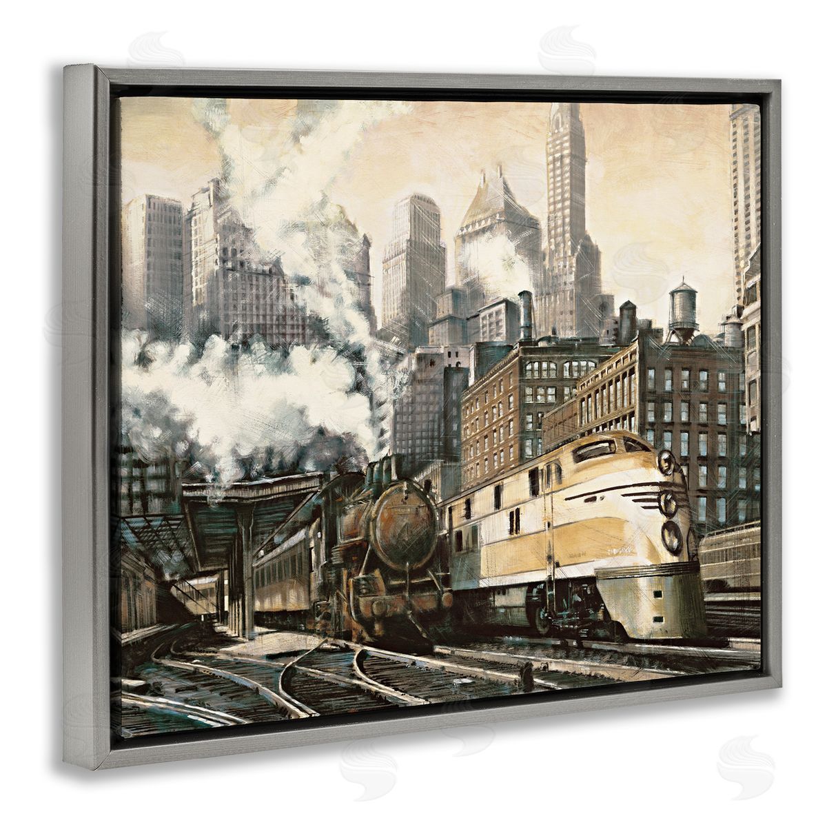 Urban Steam Train Grey Floating Frame Canvas Wall Art, Home Decor by Matthew Daniels