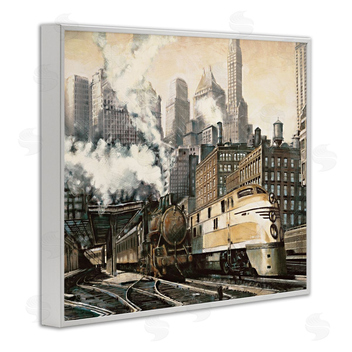 Urban Steam Train White Frame Print Wall Art, Home Decor by Matthew Daniels