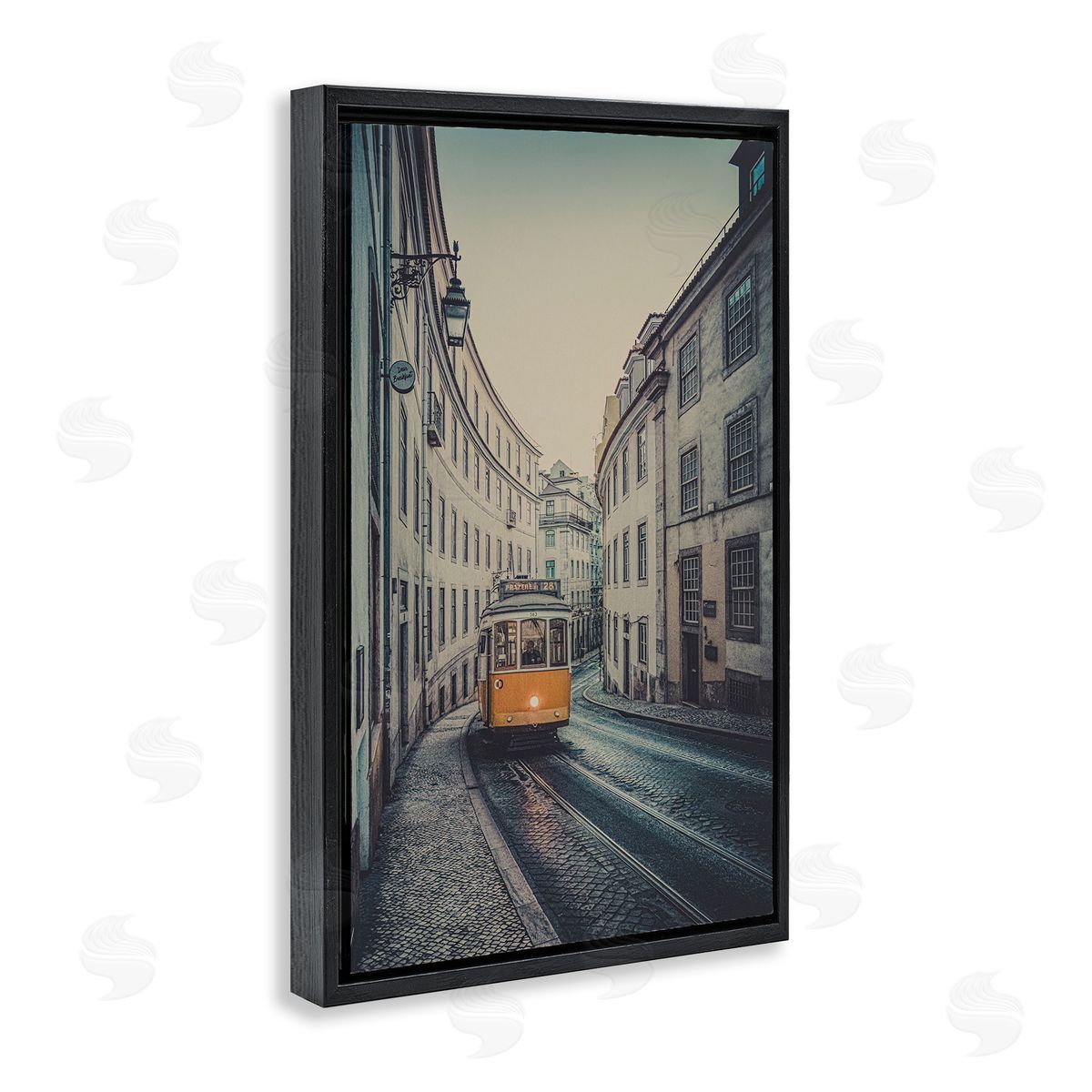 Trolley Car Cityscape Black Floating Frame Canvas Wall Art, Home Decor by Erin Marie