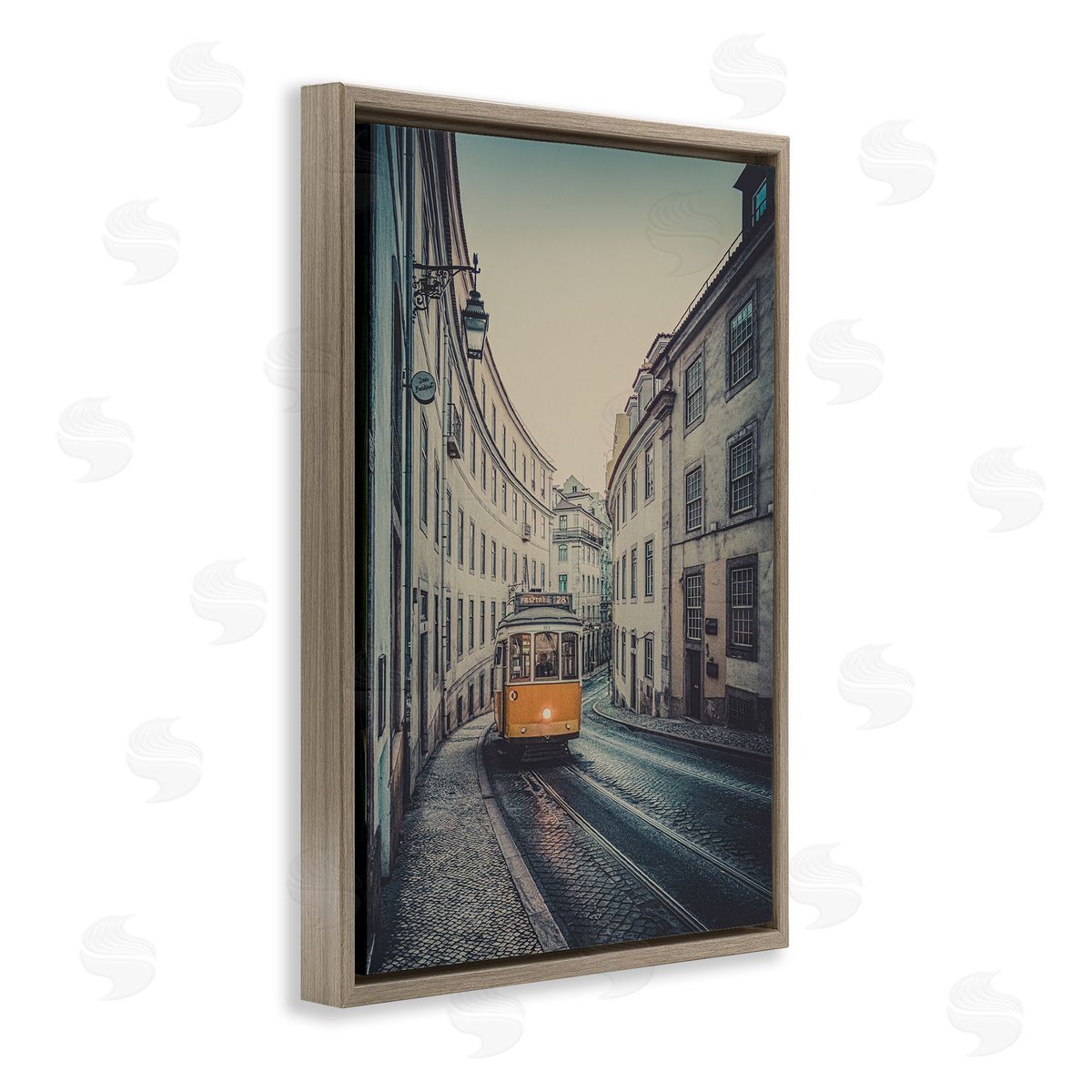 Trolley Car Cityscape Brown Floating Frame Canvas Wall Art, Home Decor by Erin Marie