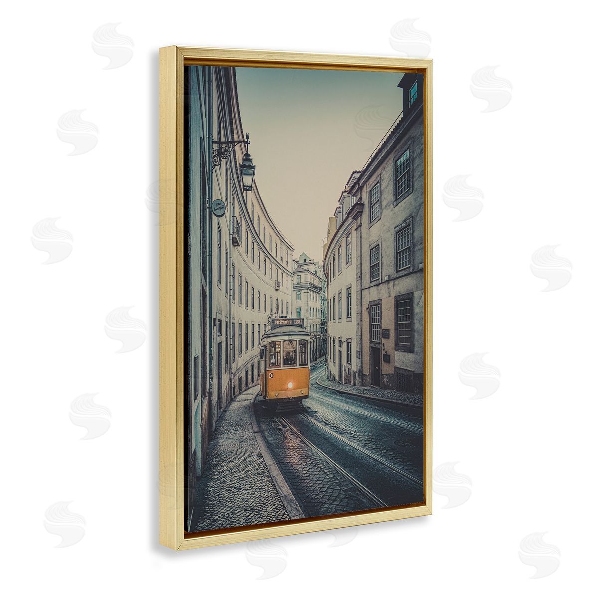 Trolley Car Cityscape Gold Floating Frame Canvas Wall Art, Home Decor by Erin Marie