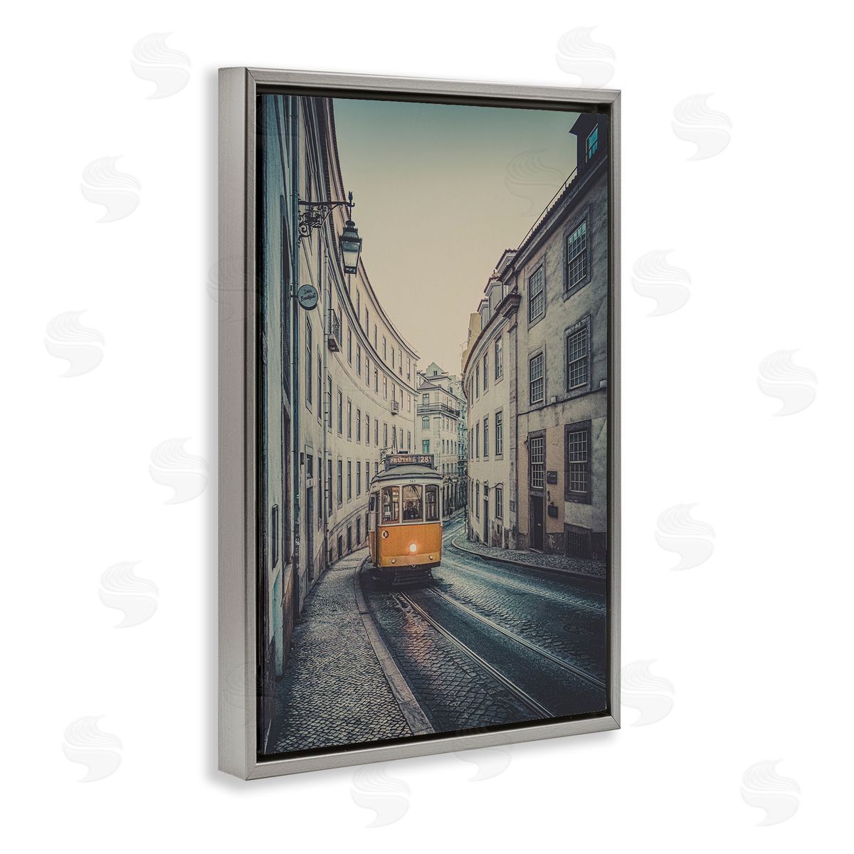 Trolley Car Cityscape Grey Floating Frame Canvas Wall Art, Home Decor by Erin Marie