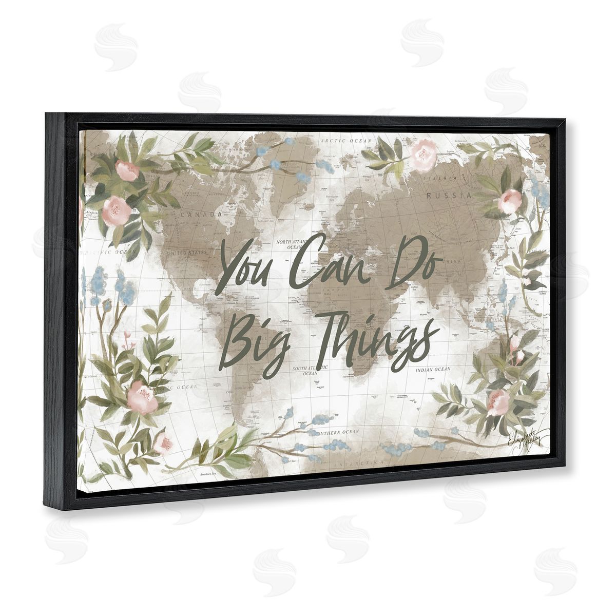 Elizabeth Medley Inspirational Floral Map Black Floating Frame Canvas Wall Art Print
