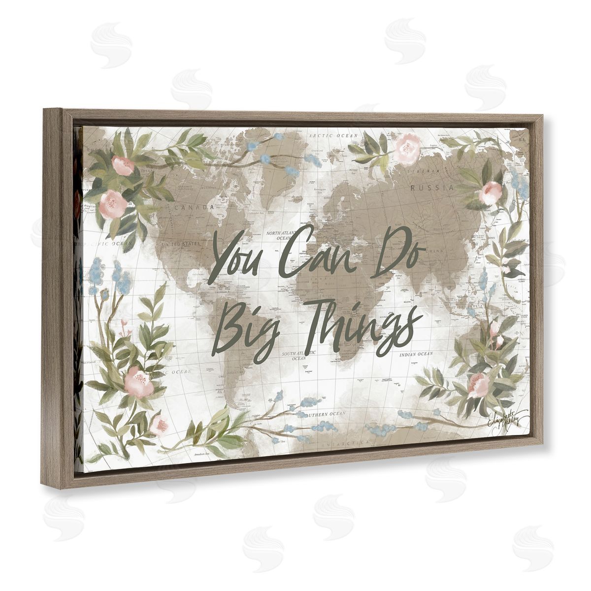 Elizabeth Medley Inspirational Floral Map Brown Floating Frame Canvas Wall Art Print