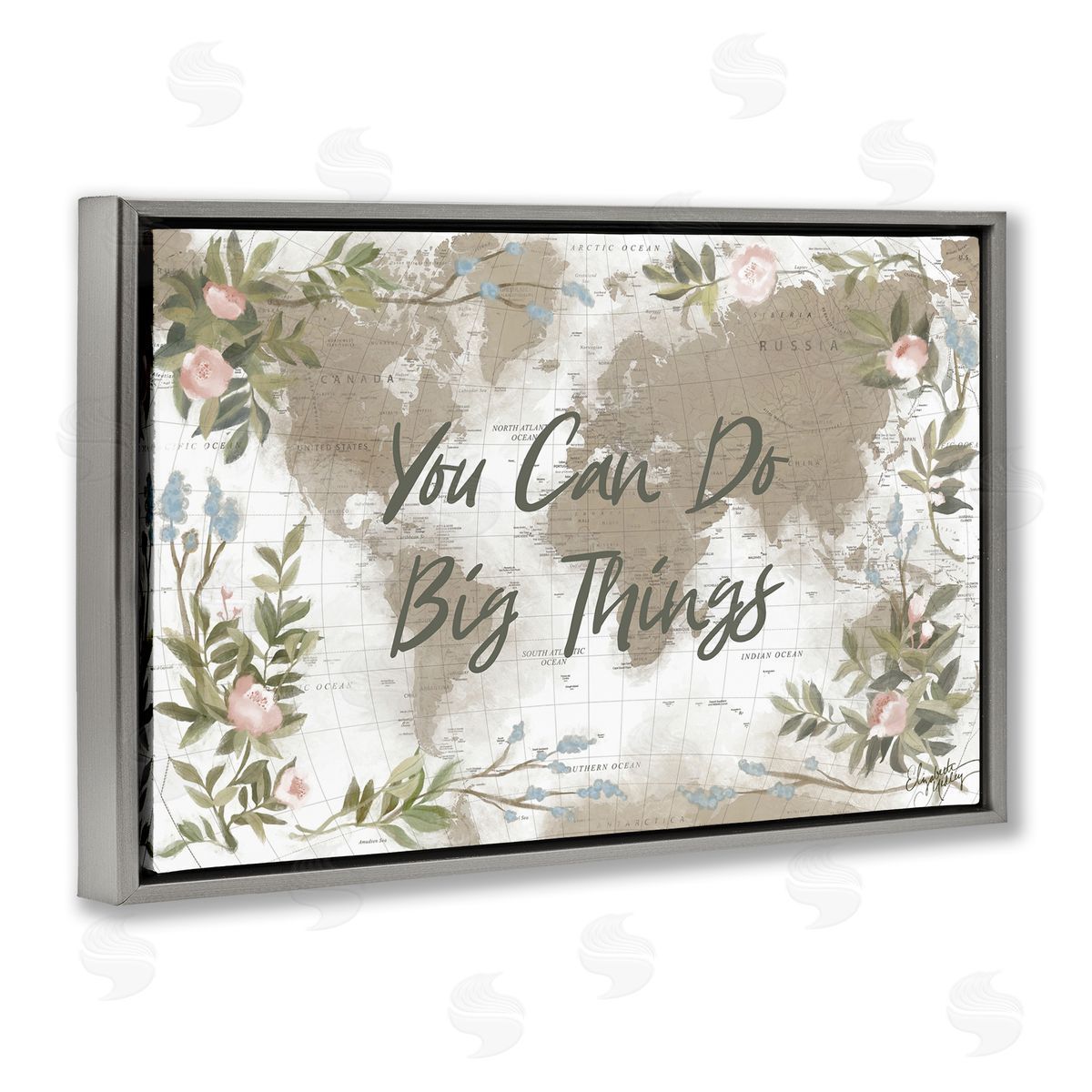 Elizabeth Medley Inspirational Floral Map Gray Floating Frame Canvas Wall Art Print