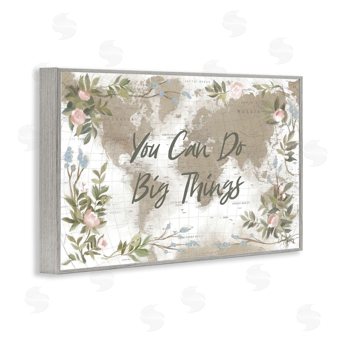 Elizabeth Medley Inspirational Floral Map Gray Framed Giclee Wall Art Print