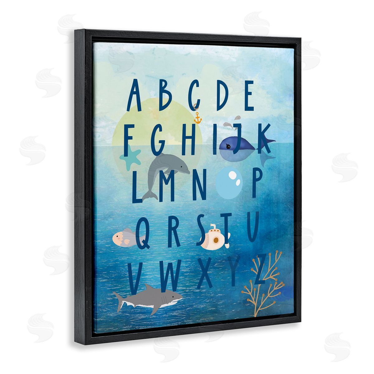Sea Creatures Alphabet Black Floating Frame Canvas Wall Art, Home Decor by Daniela Santiago