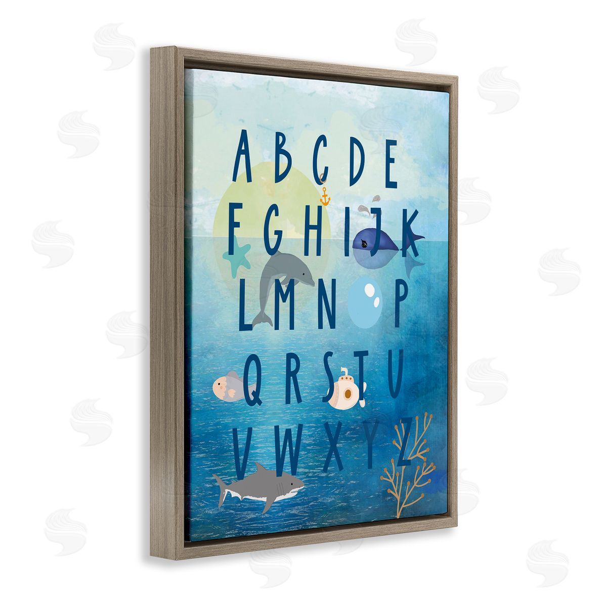 Sea Creatures Alphabet Brown Floating Frame Canvas Wall Art, Home Decor by Daniela Santiago