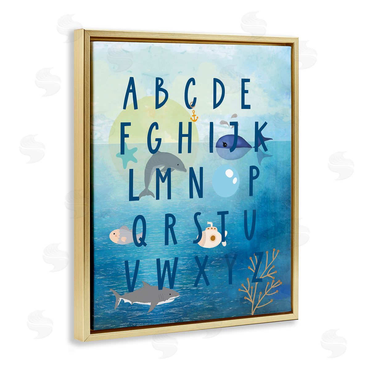 Sea Creatures Alphabet Gold Floating Frame Canvas Wall Art, Home Decor by Daniela Santiago
