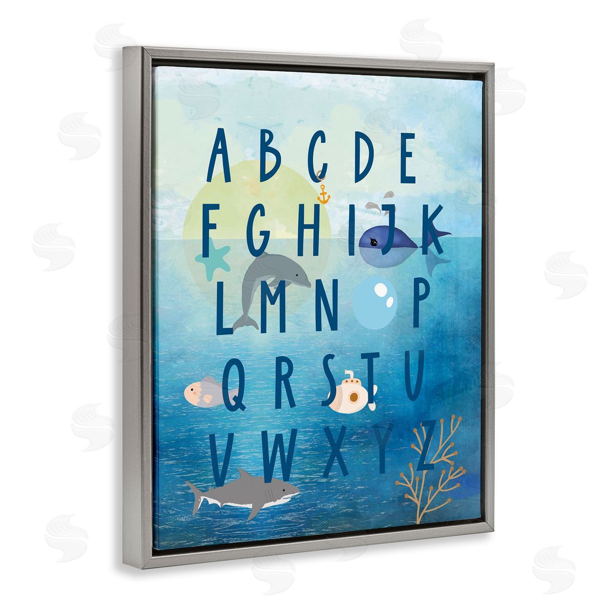 Sea Creatures Alphabet Grey Floating Frame Canvas Wall Art, Home Decor by Daniela Santiago