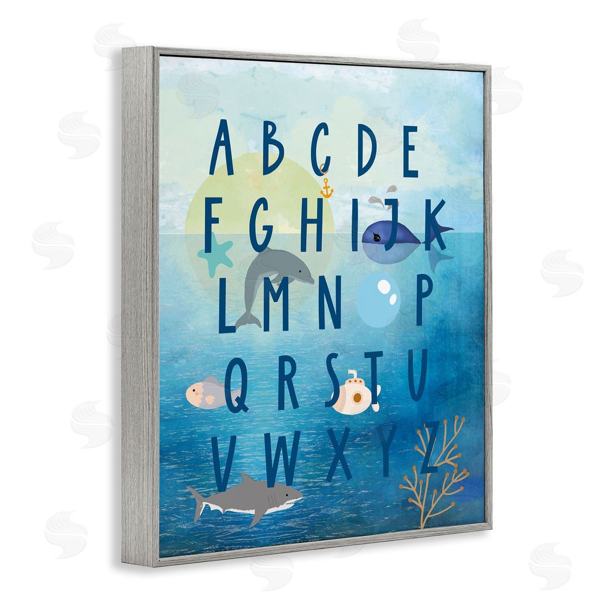 Sea Creatures Alphabet Grey Frame Print Wall Art, Home Decor by Daniela Santiago