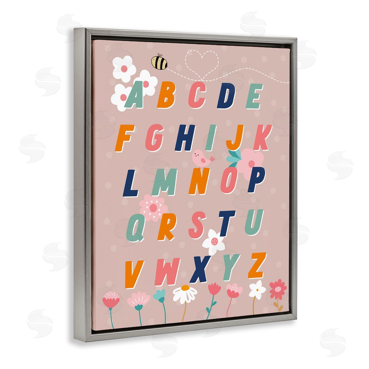 Alphabet with Florals Grey Floating Frame Canvas Wall Art, Home Decor by Daniela Santiago