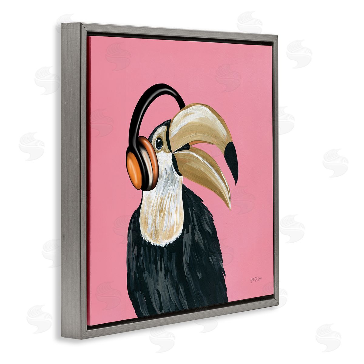 Yvette St. Amant Toucan with Headphones Gray Floating Frame Canvas Wall Art Print
