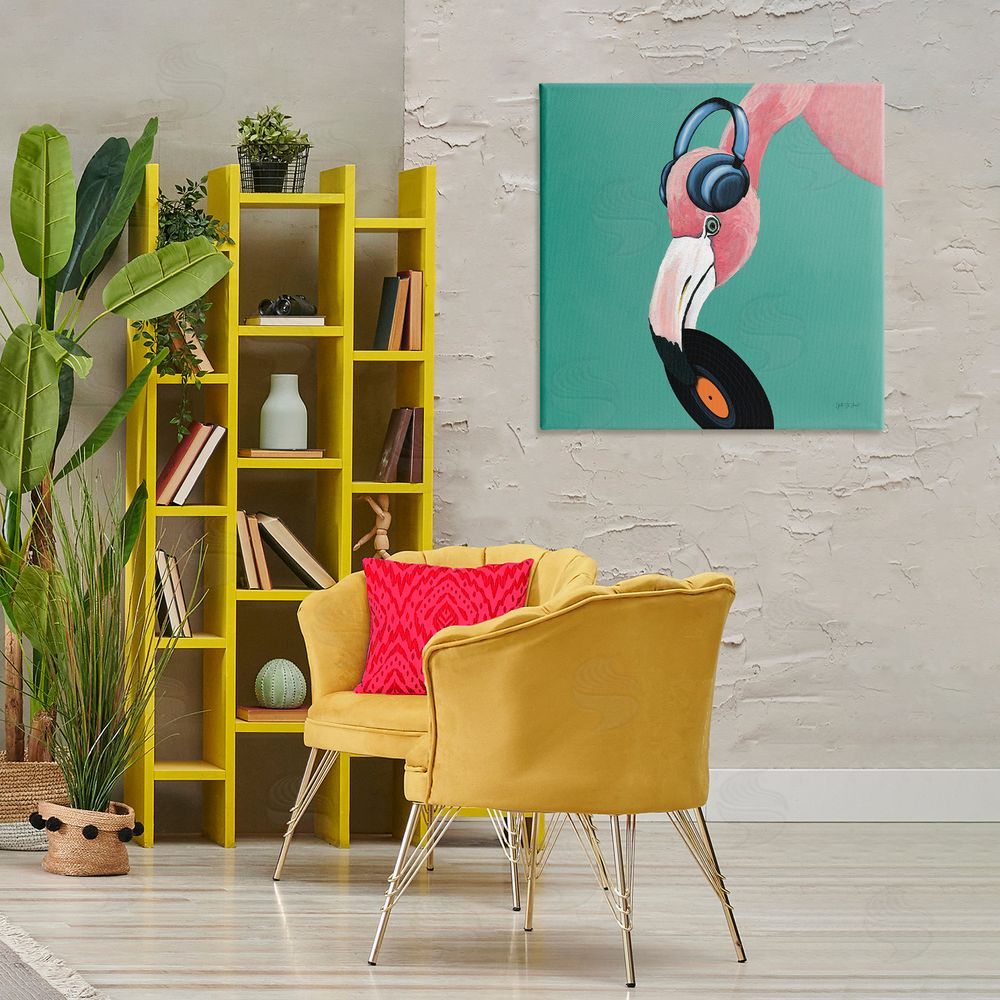 Yvette St. Amant Flamingo with Music Record Canvas Wall Art Print in Room