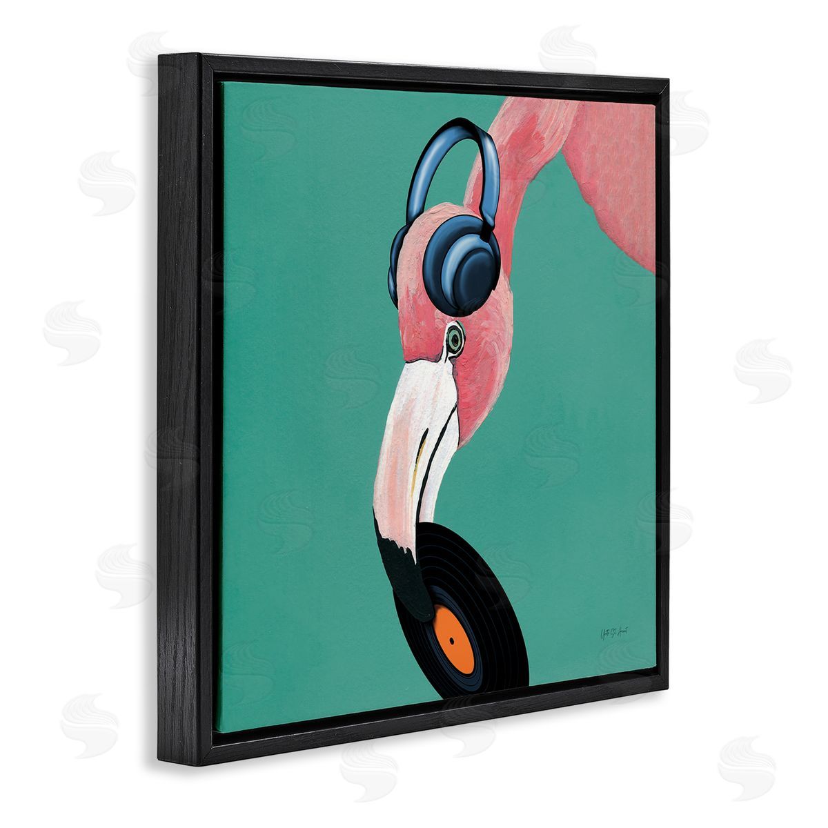 Yvette St. Amant Flamingo with Music Record Black Floating Frame Canvas Wall Art Print