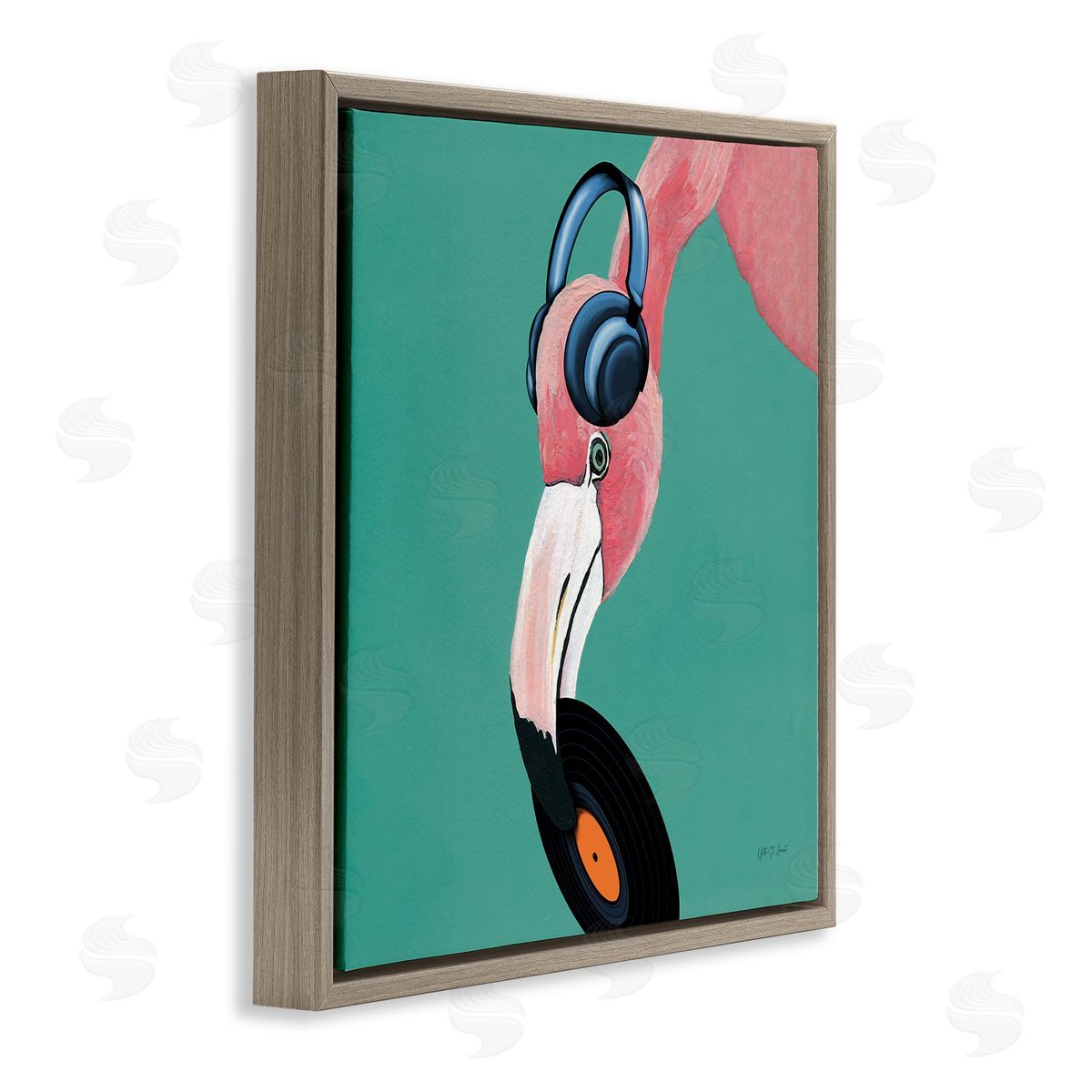 Yvette St. Amant Flamingo with Music Record Brown Floating Frame Canvas Wall Art Print