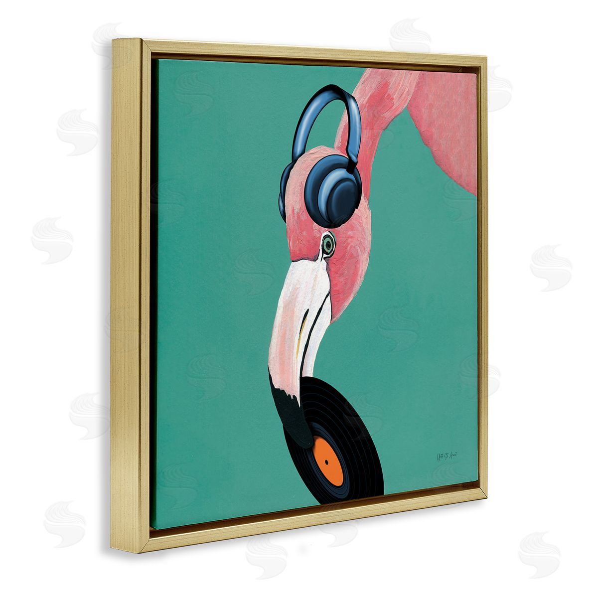 Yvette St. Amant Flamingo with Music Record Gold Floating Frame Canvas Wall Art Print