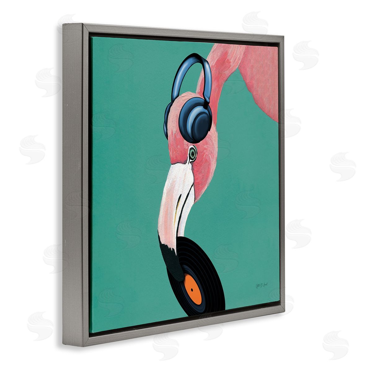 Yvette St. Amant Flamingo with Music Record Gray Floating Frame Canvas Wall Art Print