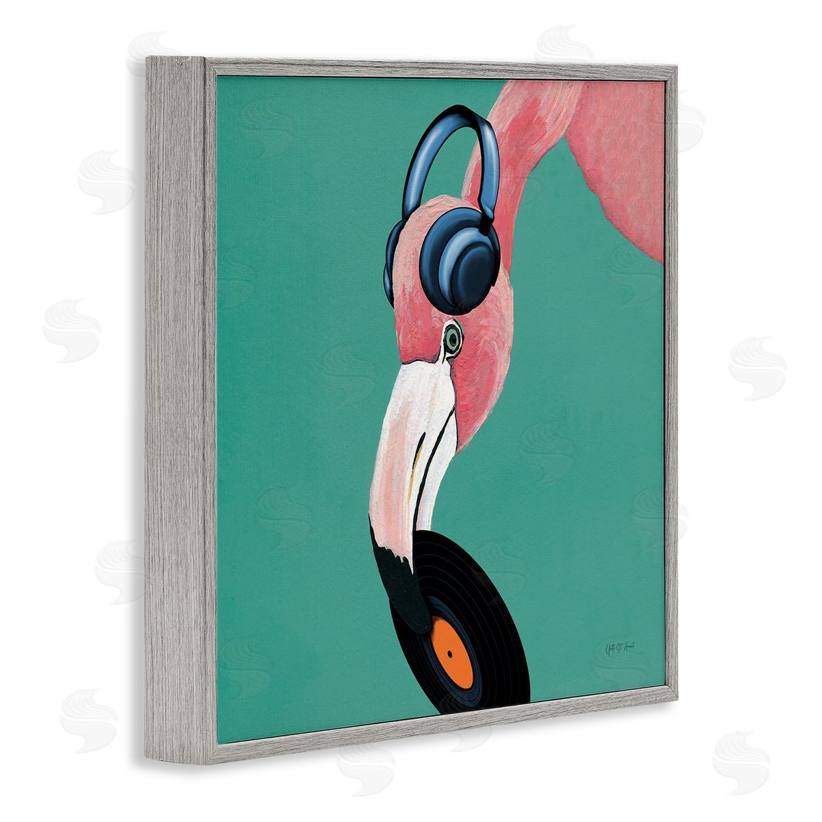 Yvette St. Amant Flamingo with Music Record Gray Framed Giclee Wall Art Print