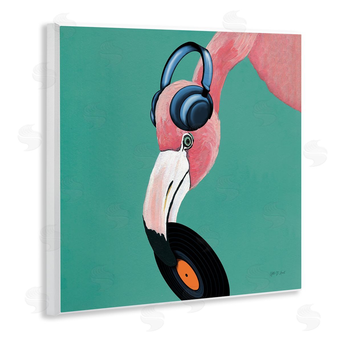 Yvette St. Amant Flamingo with Music Record Wooden Wall Plaque Art Print