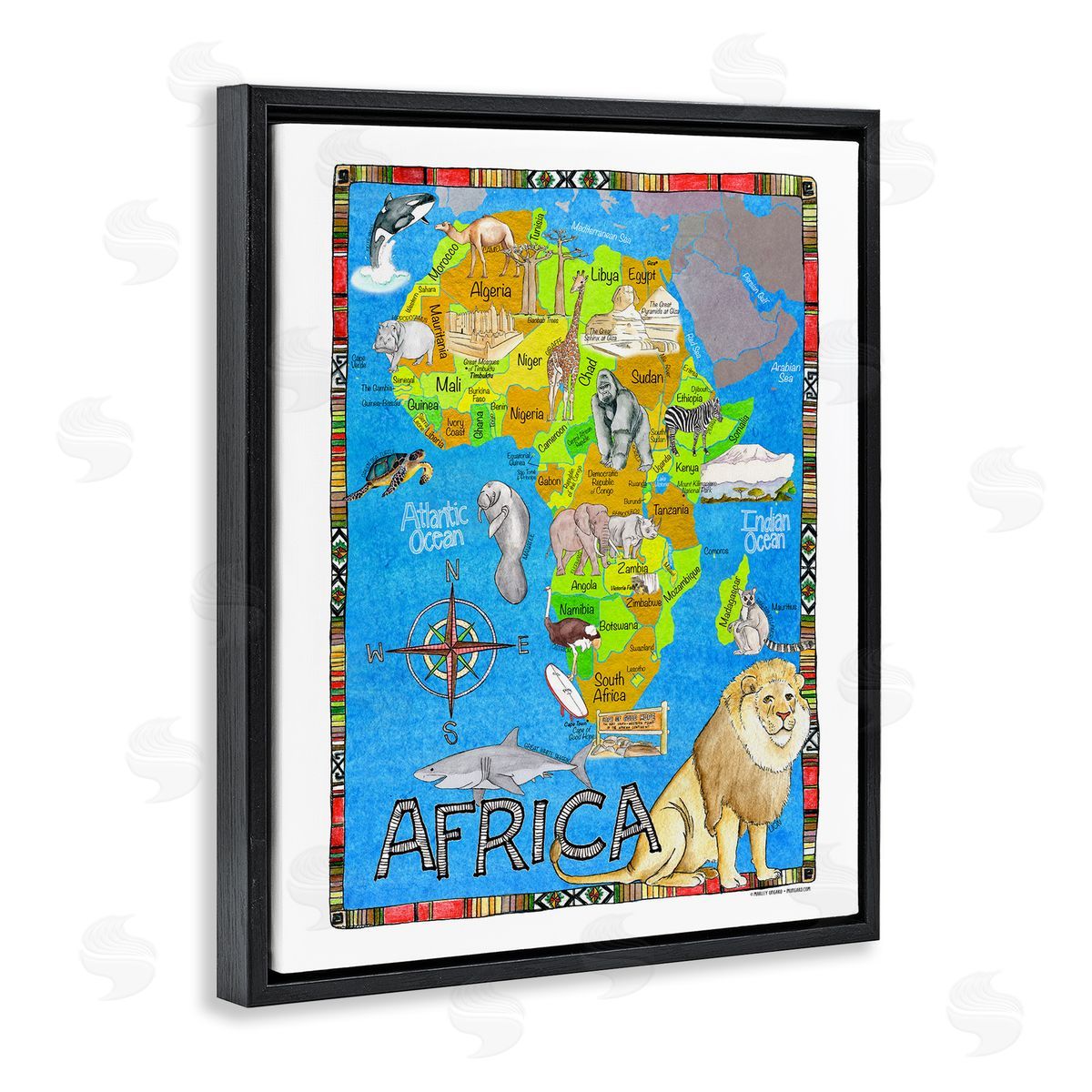 African Animals Map Black Floating Frame Canvas Wall Art, Home Decor by Marley Ungaro