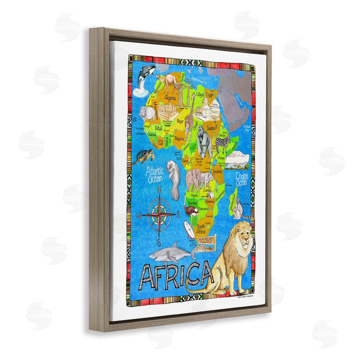 African Animals Map Brown Floating Frame Canvas Wall Art, Home Decor by Marley Ungaro