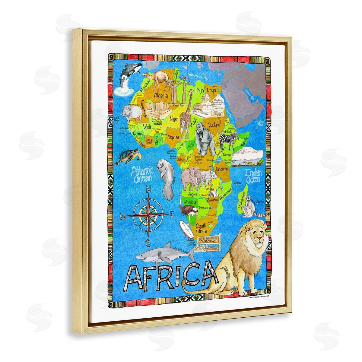 African Animals Map Gold Floating Frame Canvas Wall Art, Home Decor by Marley Ungaro