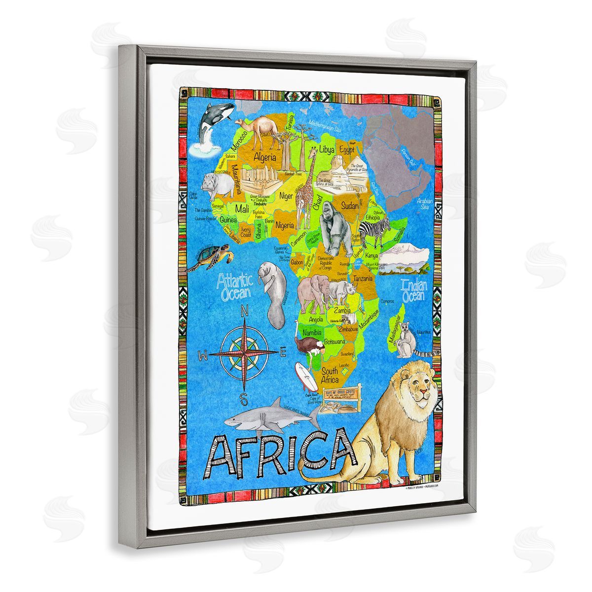 African Animals Map Grey Floating Frame Canvas Wall Art, Home Decor by Marley Ungaro