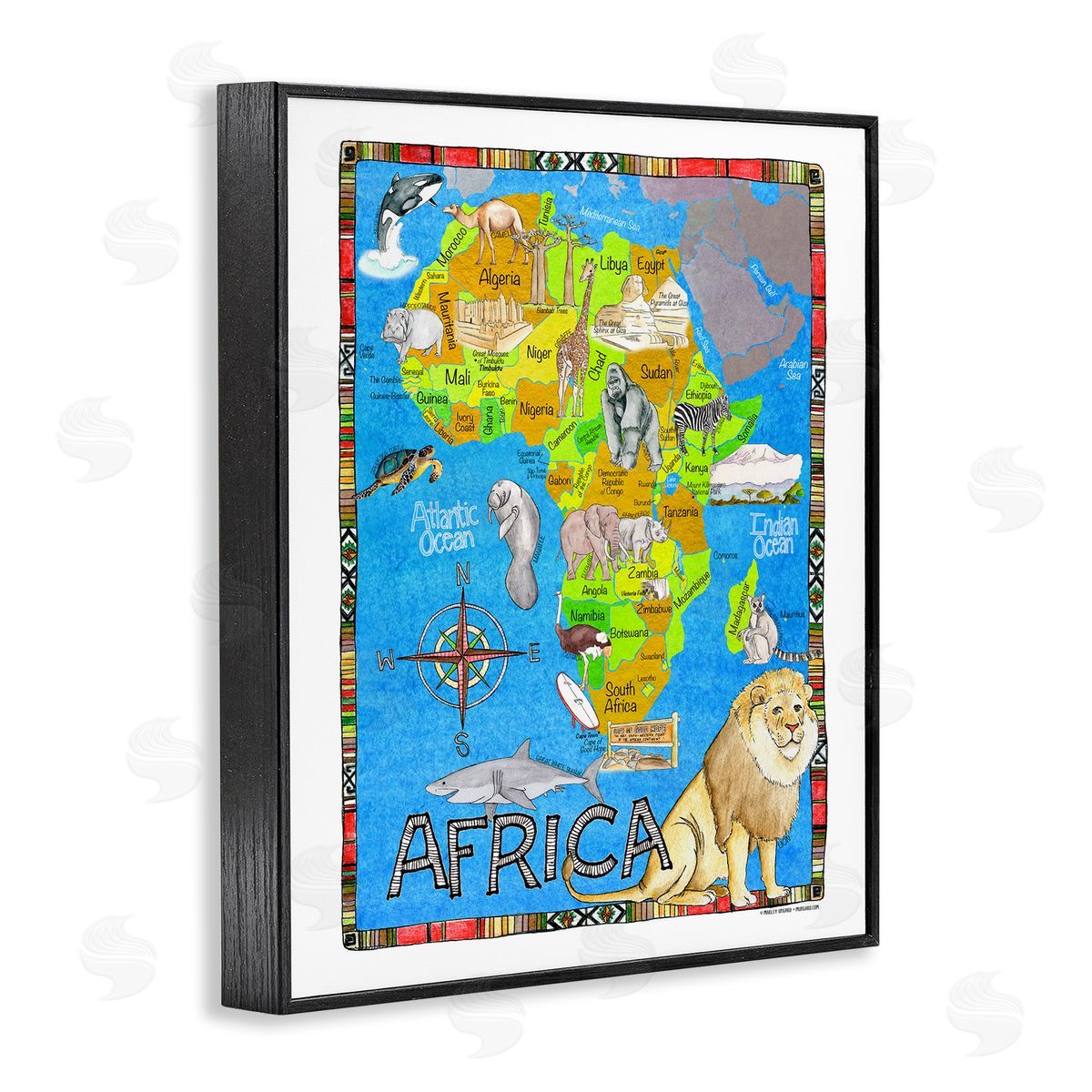African Animals Map Black Frame Print Wall Art, Home Decor by Marley Ungaro