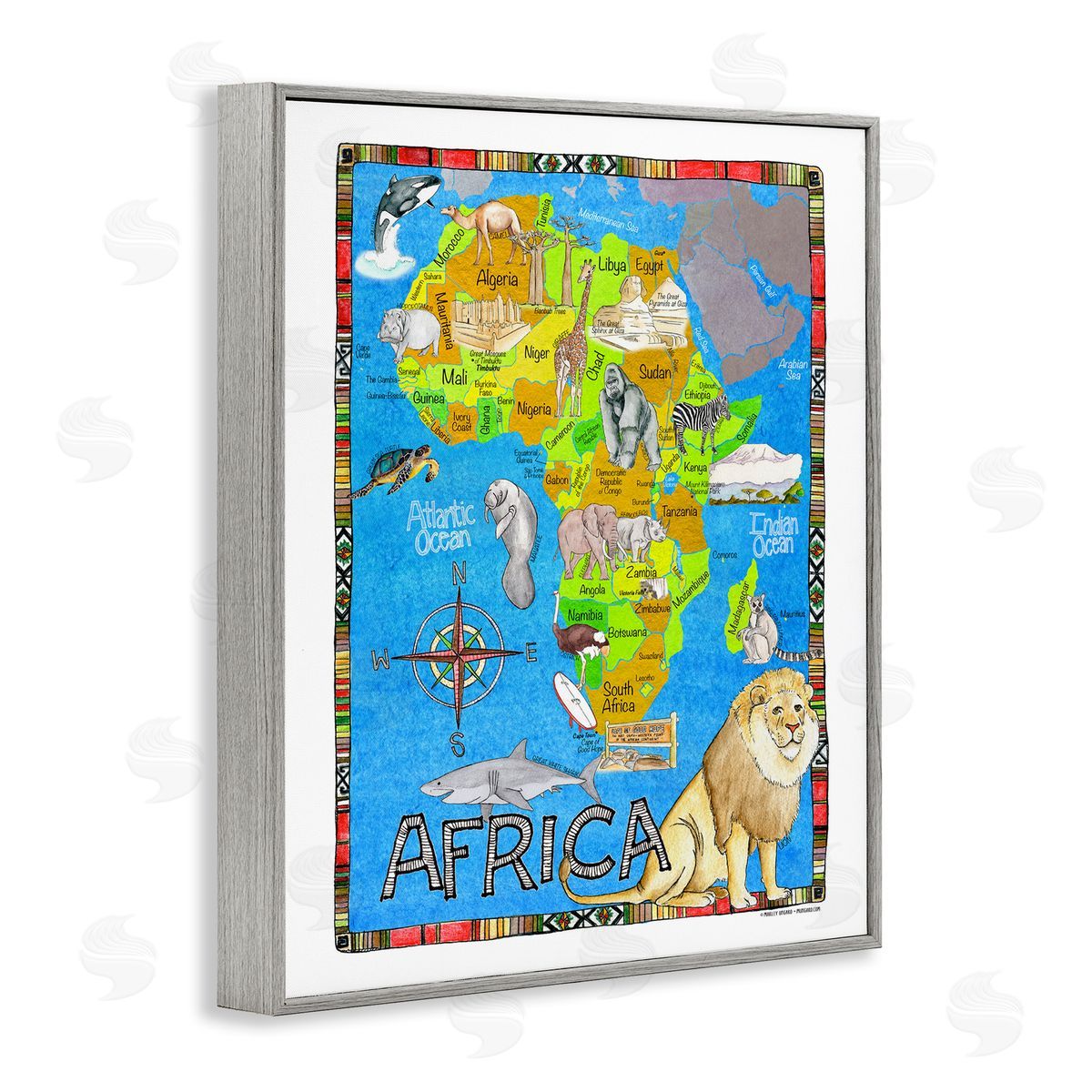 African Animals Map Grey Frame Print Wall Art, Home Decor by Marley Ungaro