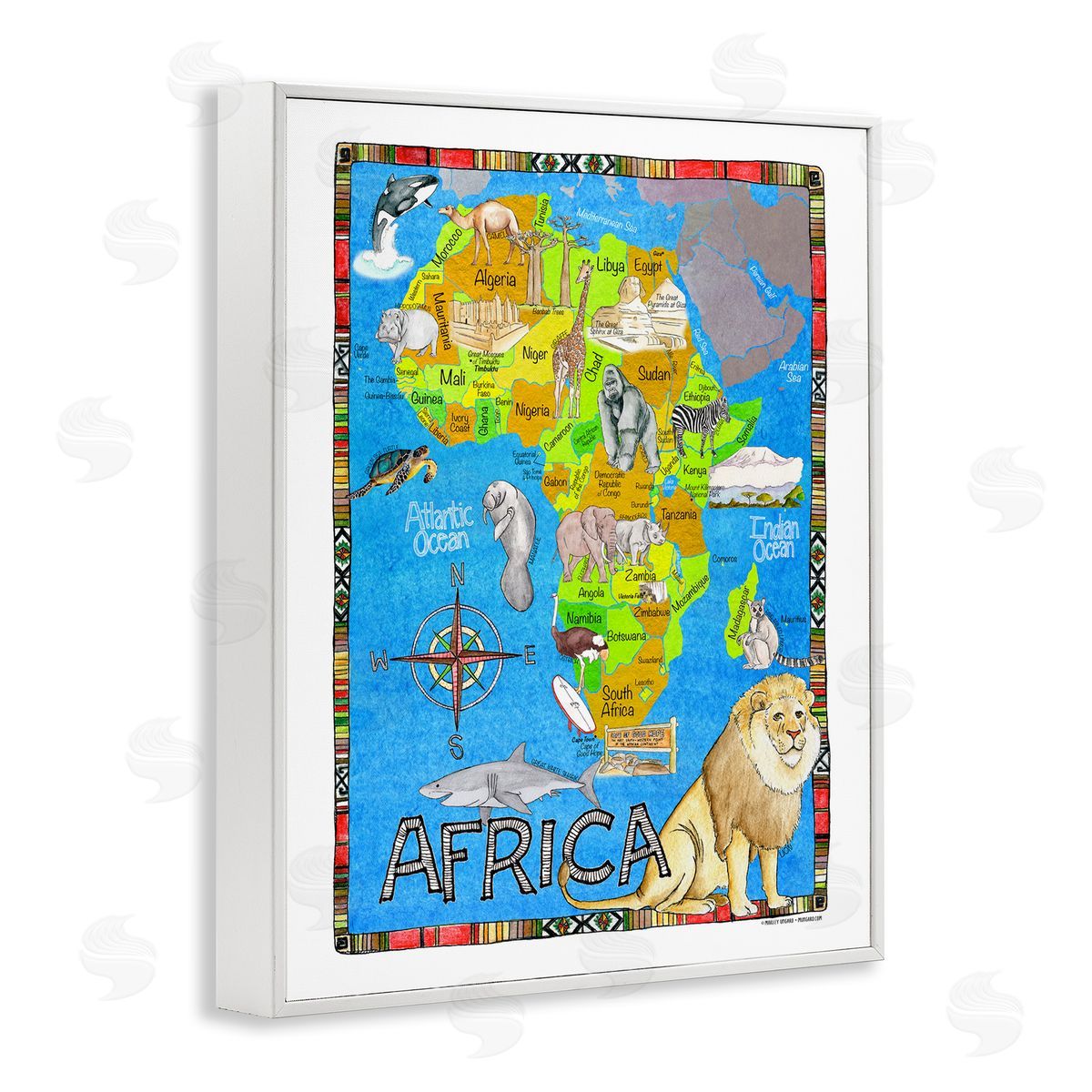 African Animals Map White Frame Print Wall Art, Home Decor by Marley Ungaro