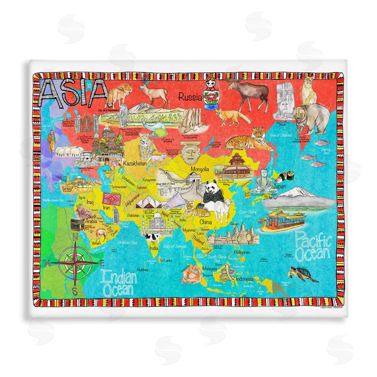 Asian Animal Map Canvas Wall Art, Home Decor by Marley Ungaro