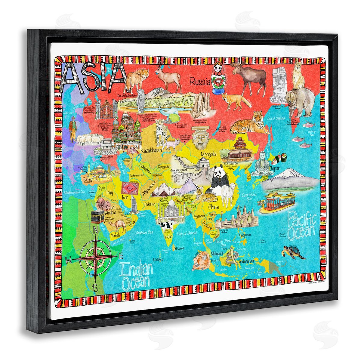 Asian Animal Map Black Floating Frame Canvas Wall Art, Home Decor by Marley Ungaro