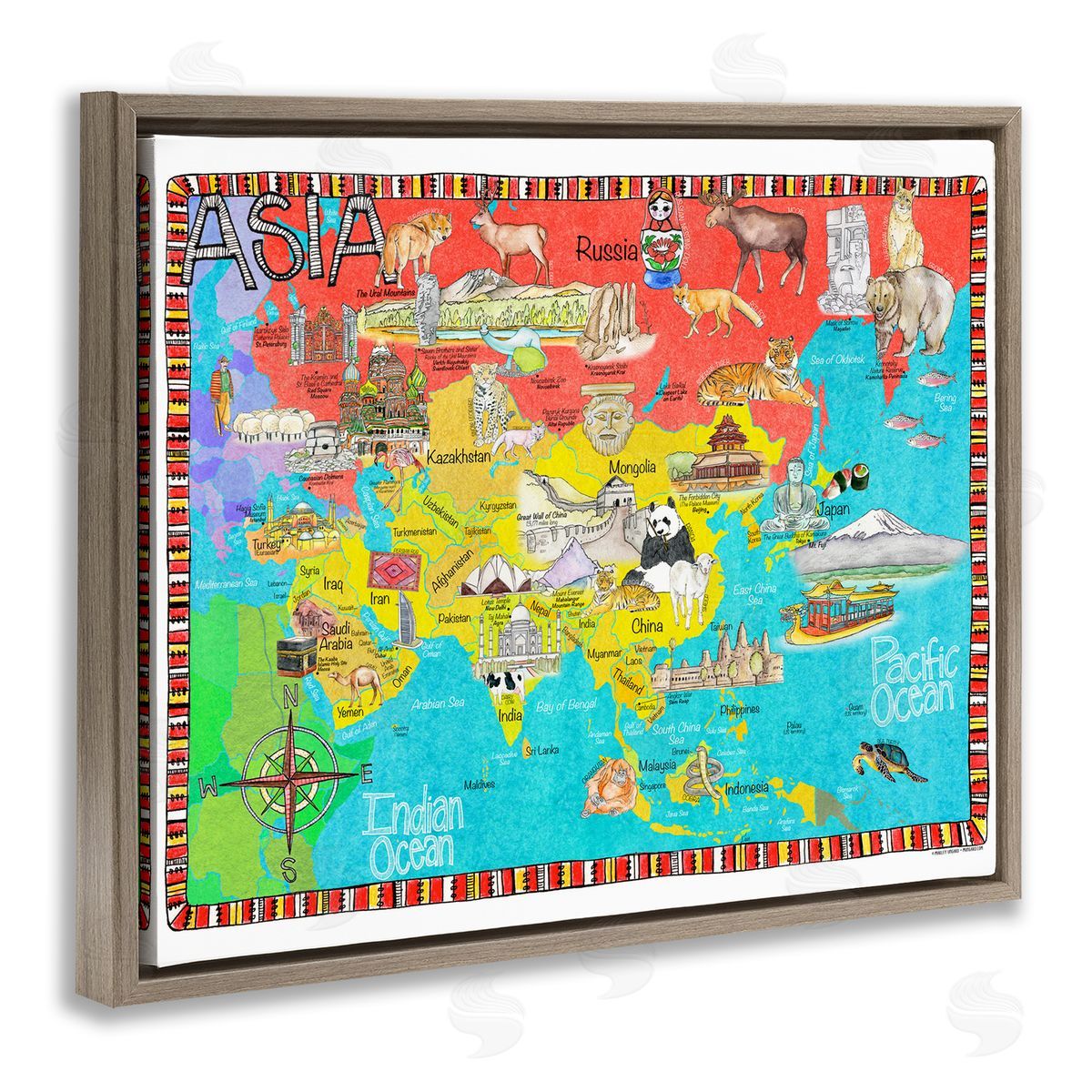Asian Animal Map Brown Floating Frame Canvas Wall Art, Home Decor by Marley Ungaro