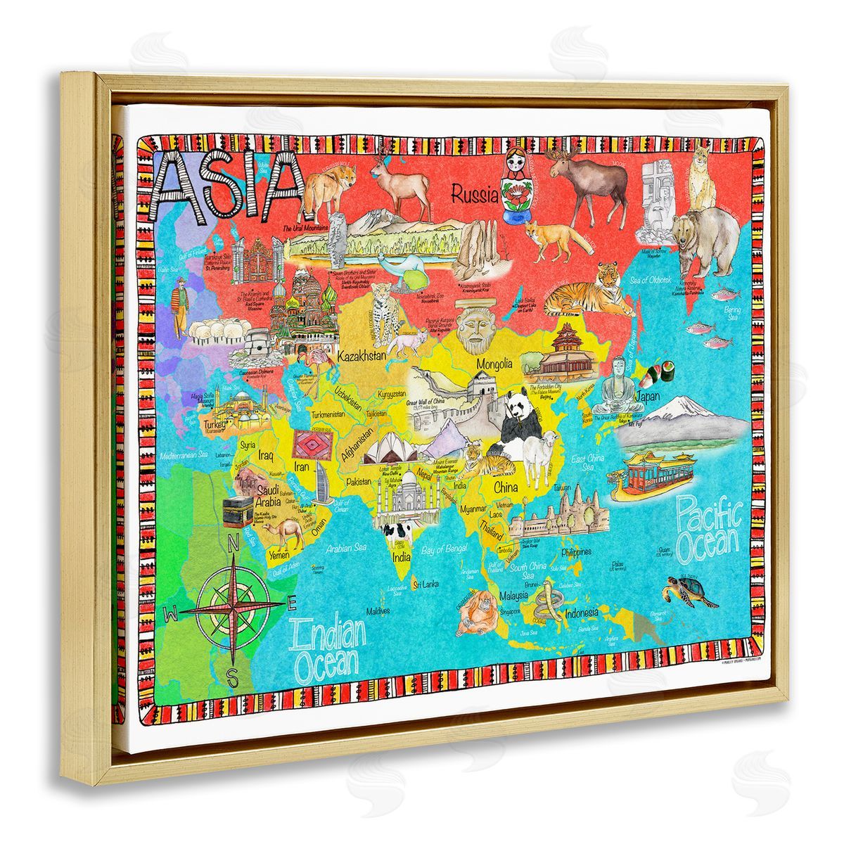 Asian Animal Map Gold Floating Frame Canvas Wall Art, Home Decor by Marley Ungaro