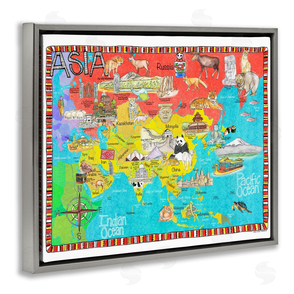 Asian Animal Map Grey Floating Frame Canvas Wall Art, Home Decor by Marley Ungaro