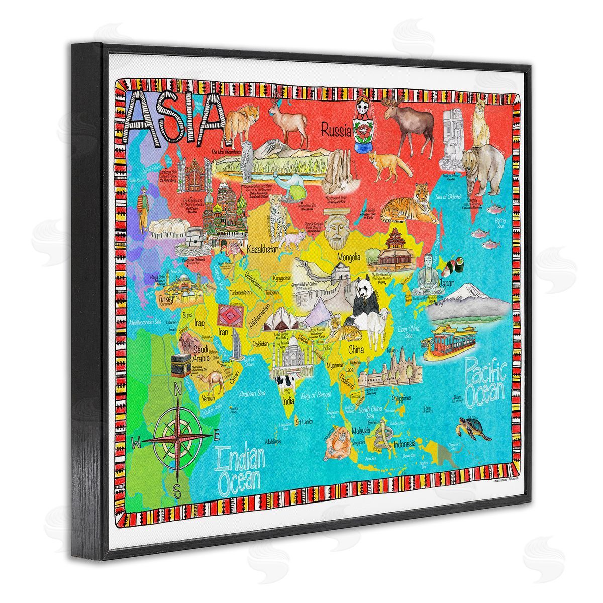 Asian Animal Map Black Frame Print Wall Art, Home Decor by Marley Ungaro