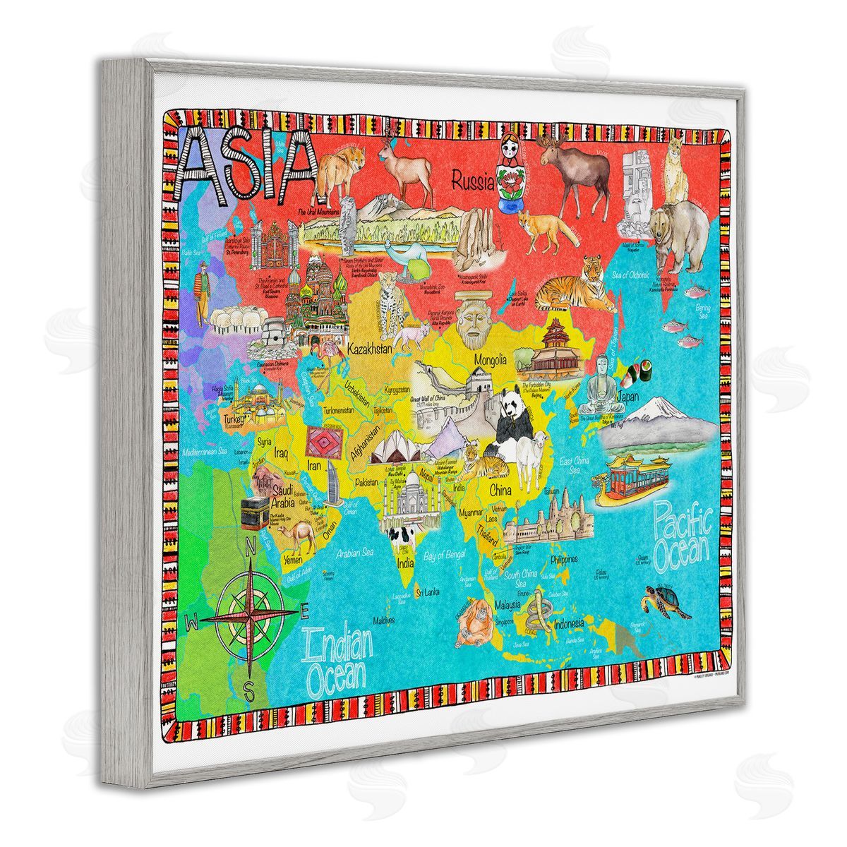 Asian Animal Map Grey Frame Print Wall Art, Home Decor by Marley Ungaro