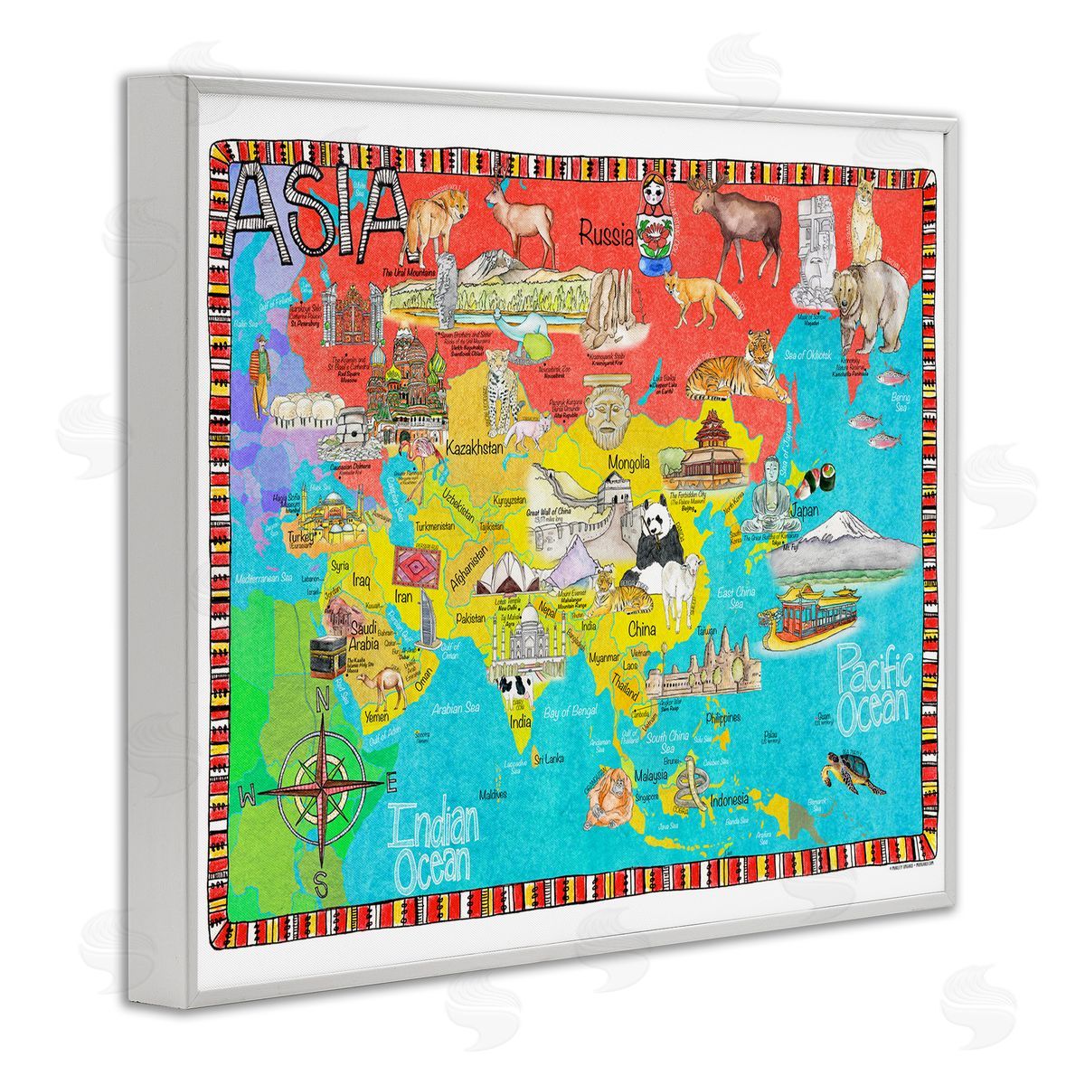 Asian Animal Map White Frame Print Wall Art, Home Decor by Marley Ungaro