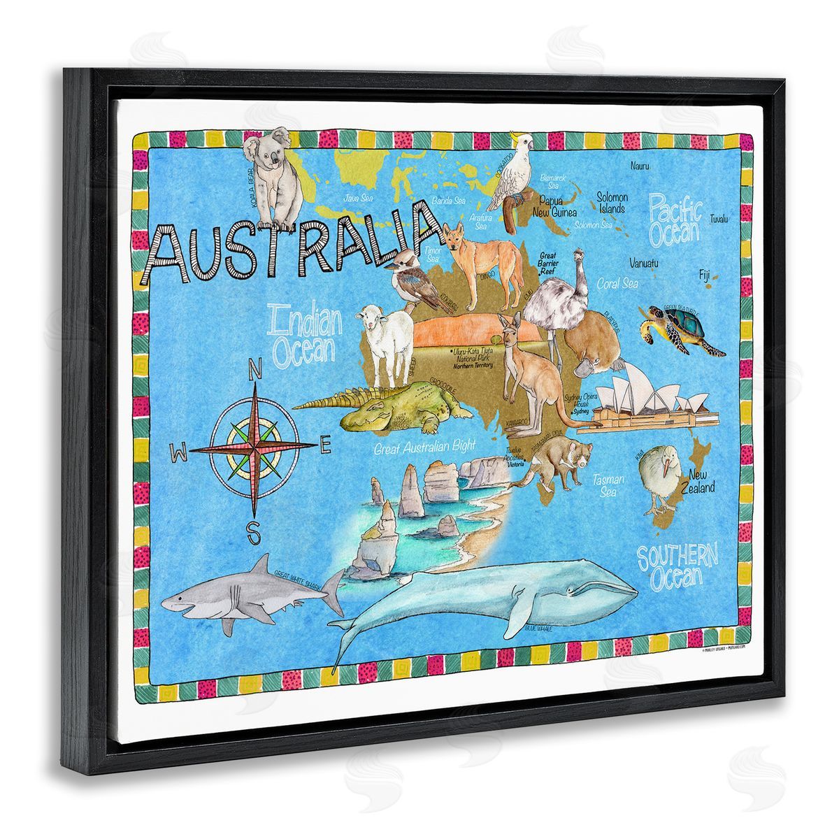 Australia Animal Map Black Floating Frame Canvas Wall Art, Home Decor by Marley Ungaro