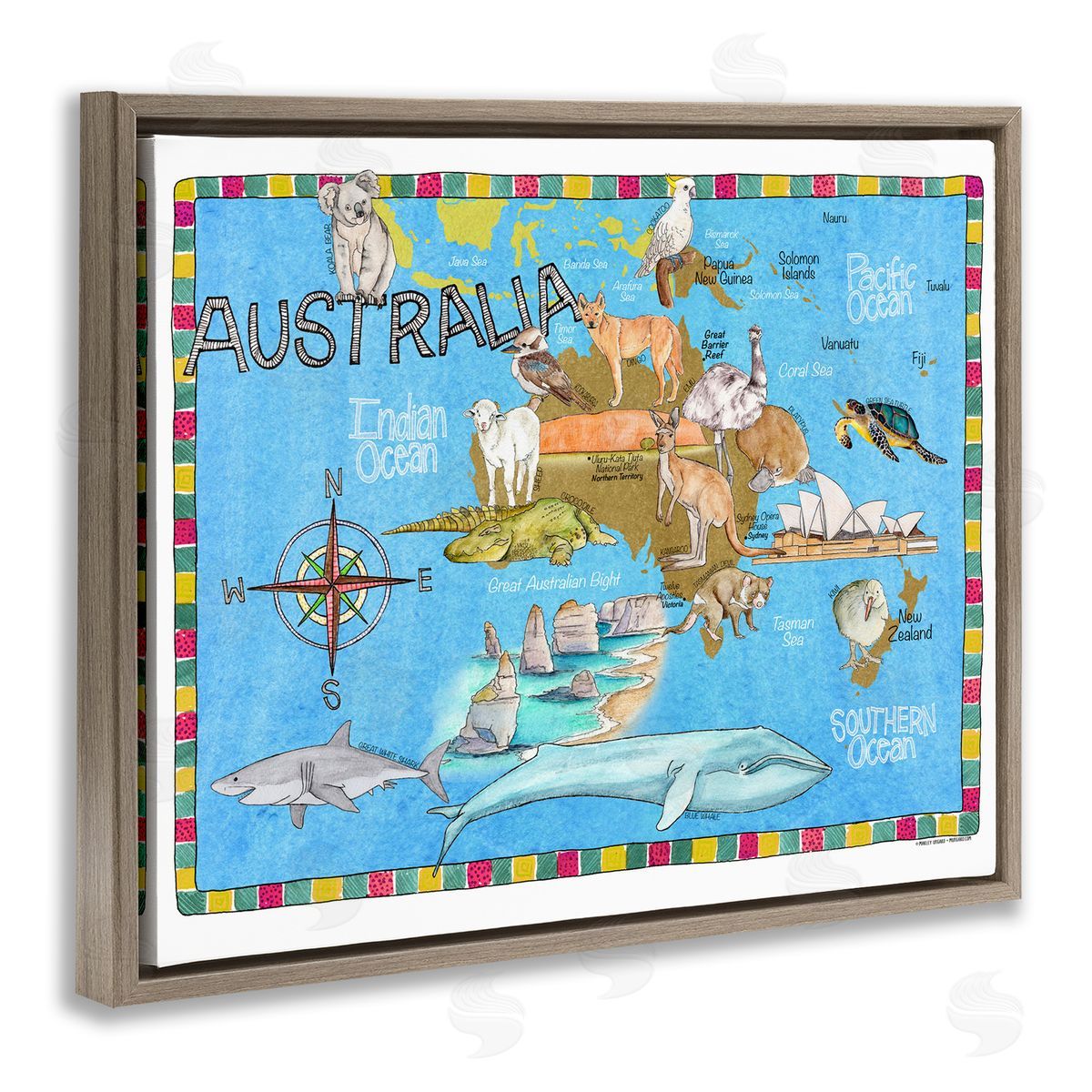 Australia Animal Map Brown Floating Frame Canvas Wall Art, Home Decor by Marley Ungaro