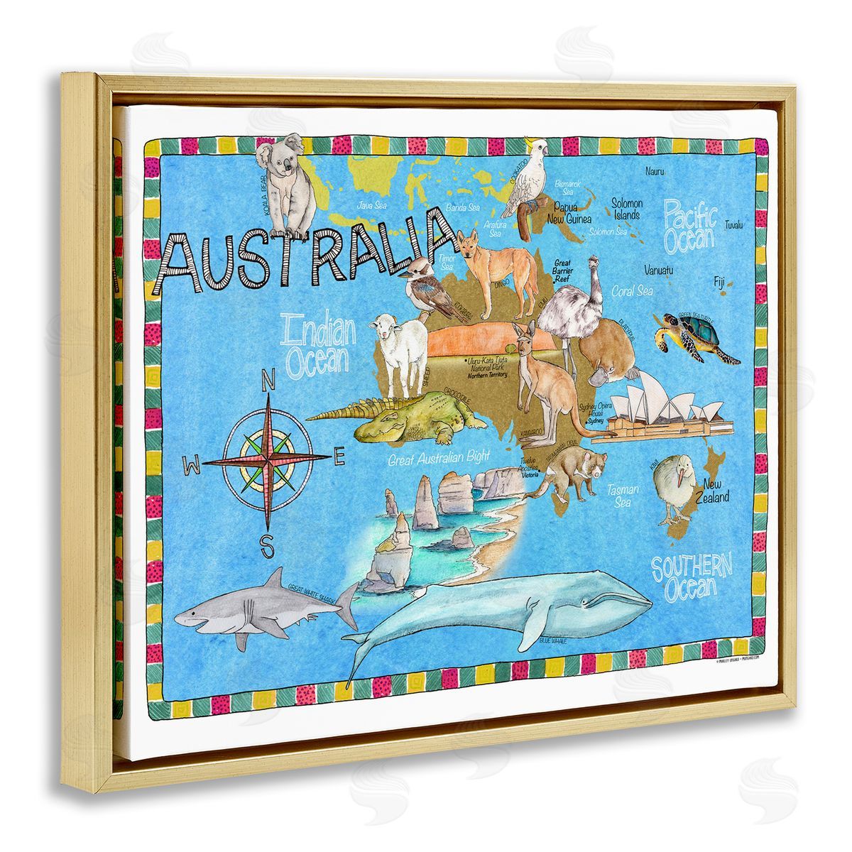 Australia Animal Map Gold Floating Frame Canvas Wall Art, Home Decor by Marley Ungaro
