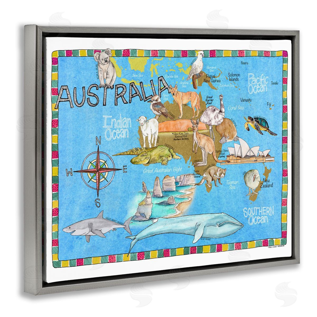 Australia Animal Map Grey Floating Frame Canvas Wall Art, Home Decor by Marley Ungaro