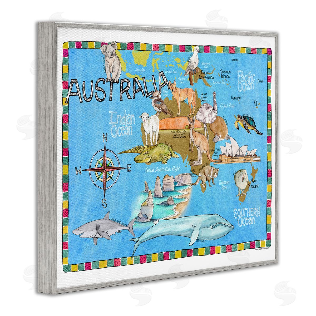 Australia Animal Map Grey Frame Print Wall Art, Home Decor by Marley Ungaro