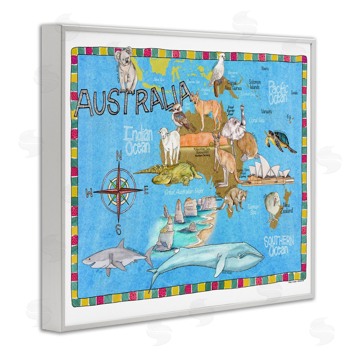 Australia Animal Map White Frame Print Wall Art, Home Decor by Marley Ungaro