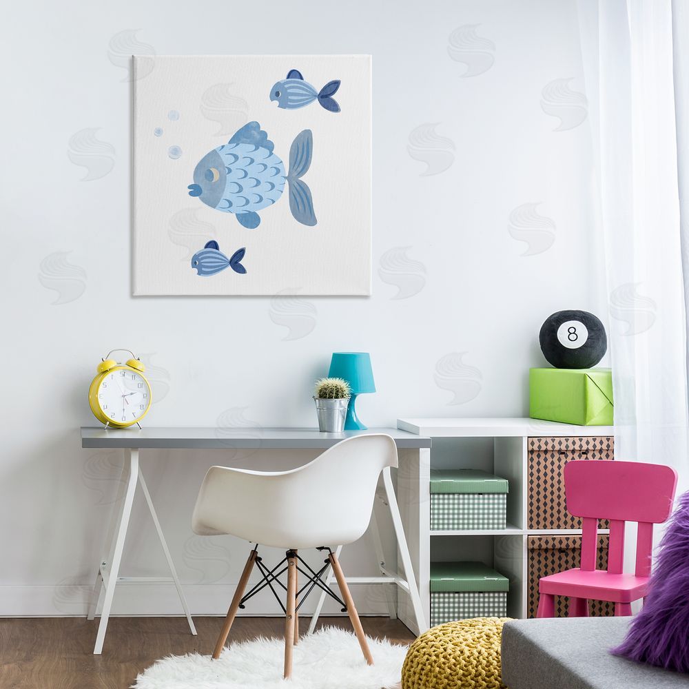 Carrie Cantwell Minimal Blue Fish Canvas Wall Art Print in Room