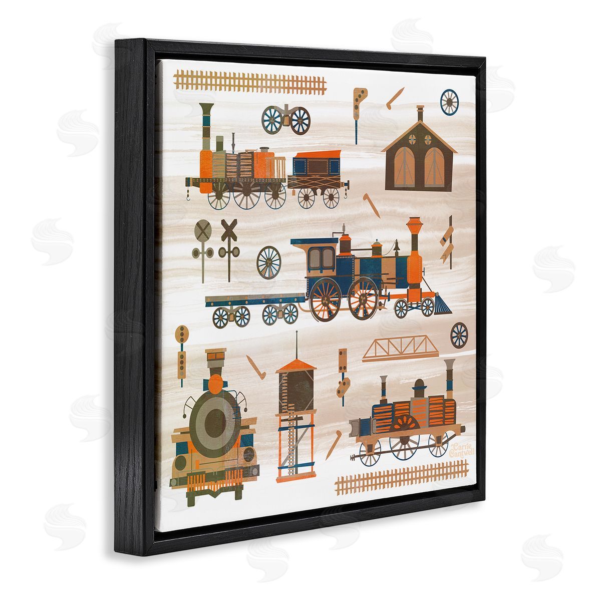 Carrie Cantwell Totally Trains Rustic Black Floating Frame Canvas Wall Art Print
