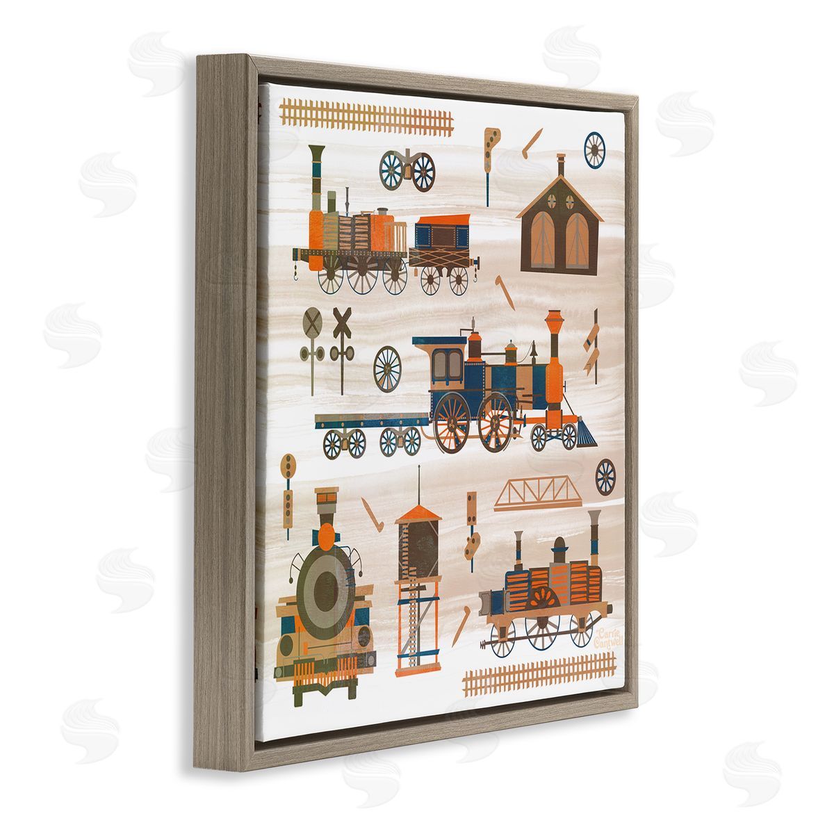 Carrie Cantwell Totally Trains Rustic Brown Floating Frame Canvas Wall Art Print